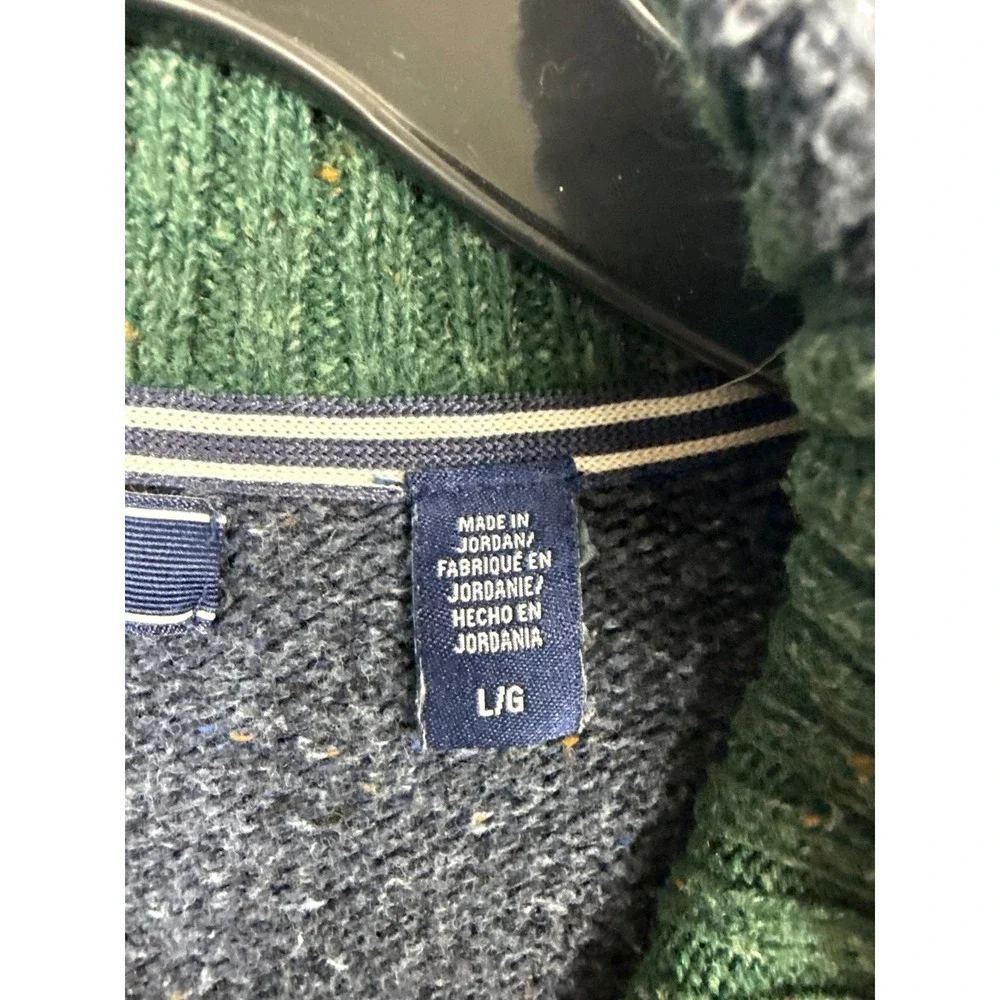 IZOD Mens Large Blue Button Pullover Sweater Marled Mock Neck Knit 9596